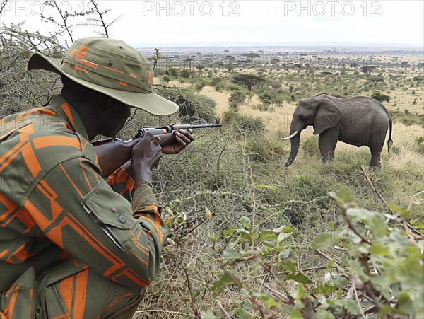 Elephant hunting in Africa, AI generated