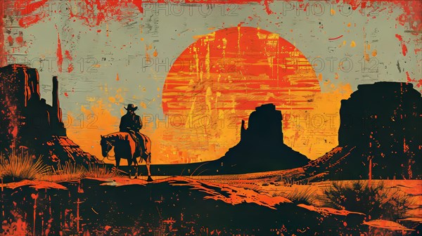 Graphic illustration of a cowboy on horseback in silhouette against a vibrant desert sunset, ai generated, AI generated