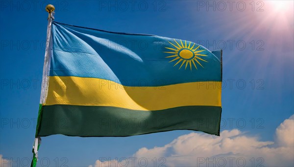 The flag of Rwanda, fluttering in the wind, isolated, against the blue sky