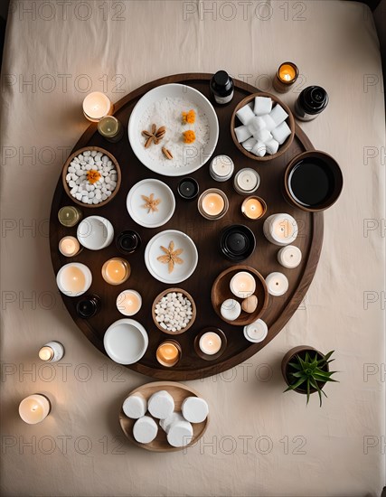 Tranquil wellness concept with candles, oils, and massage stones arranged on a wooden tray in a spa setting viewed from above, AI generated