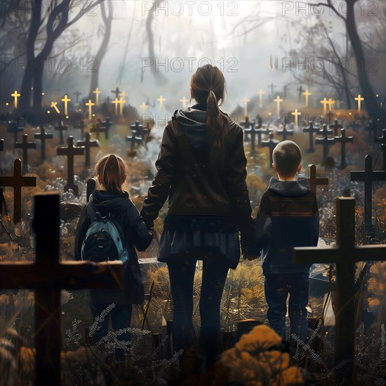 A woman with children watches the dawn in an atmospheric cemetery, war, war graves, military cemetery, AI generated