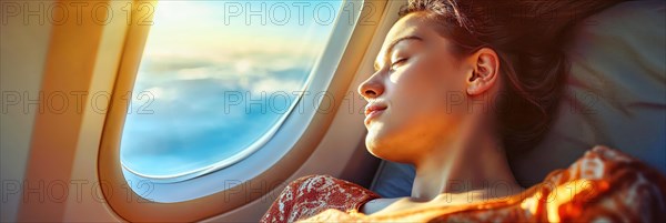 Relaxed woman leaning against the window of an aeroplane, head tilted towards the sky, AI generated, AI generated