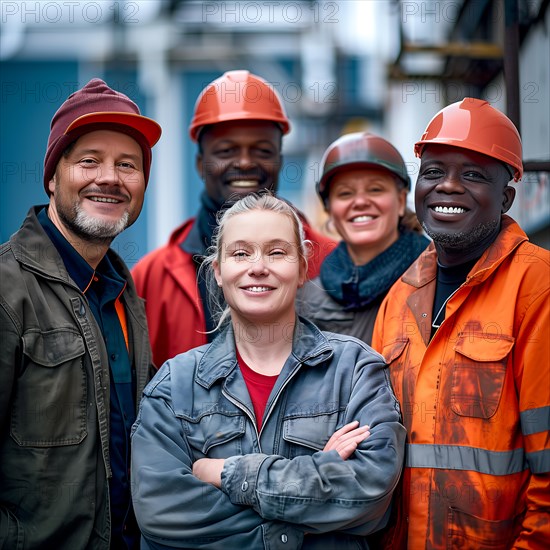 A friendly group of construction workers in helmets and work clothes stand together, group photo with international employees and colleagues, KI generated, AI generated