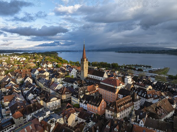 Aerial view of the town of Radolfzell on Lake Constance with the Radolfzell Minster in front of sunset, district of Constance, Baden-Wuerttemberg, Germany, Europe