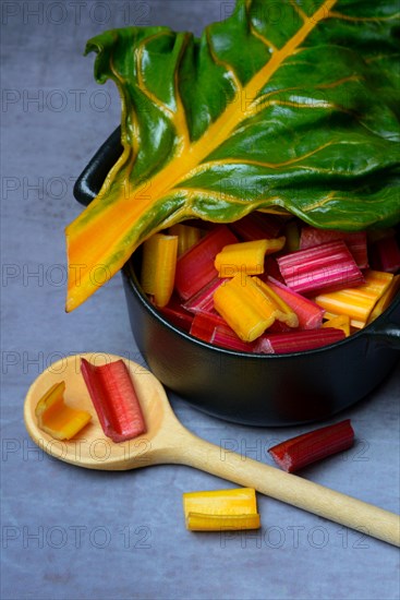 Chard, leaf and chopped stems in pots, Beta vulgaris