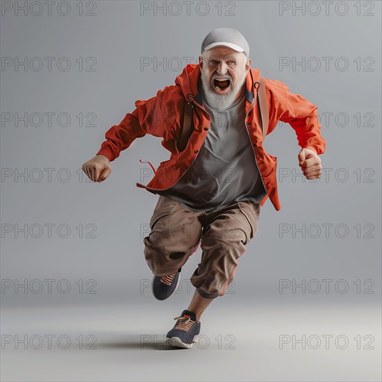 Energetic older man in red jacket runs and shouts against a grey background, run, start, advertising, special offer, AI generated