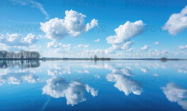 A serene spring lake reflecting the clear blue sky and fluffy white clouds AI generated