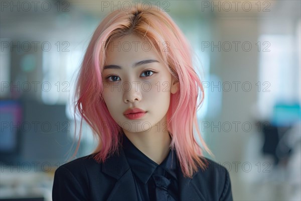 Young Asian woman with black business suit with pastel pink dyed hair. KI generiert, generiert, AI generated