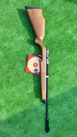 Image of an airsoft gun with pellets and target on a green background