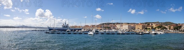 Boats in the harbour, panoramic view, Maddalena, Isola La Maddalena, Sardinia, Italy, Europe