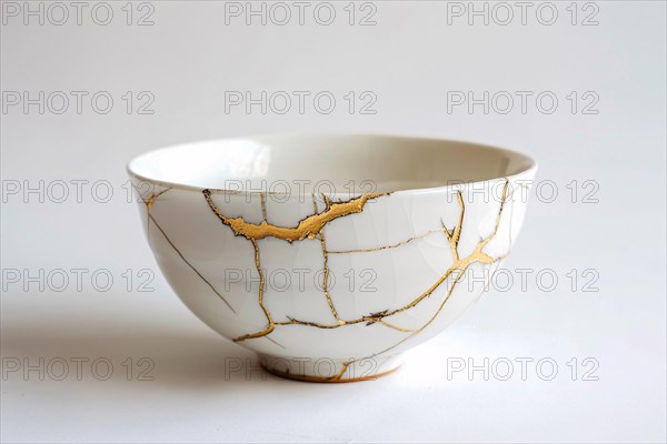 Japanese Kintsugi bowl with ceramic repair technique that uses lacquer mixed with powdered gold. KI generiert, generiert, AI generated