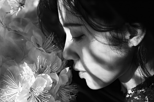 Mother's Day, detailed black and white image of a woman smelling flowers, AI generated, AI generated