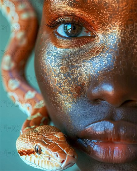 Woman with a textured skin effect holding a snake, exuding a strong presence, blurry teal turquoise solid background, beauty studio lighs, fashion artsy make up, high concept potraiture, AI generated