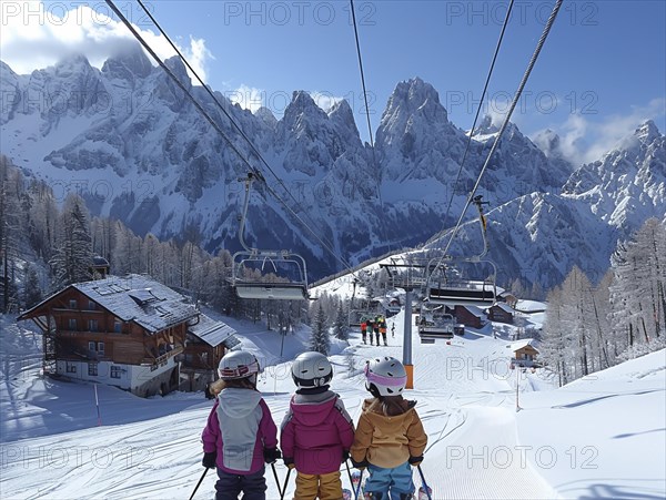 Children are traveling with a ski school in the mountains and learning to ski, AI generated