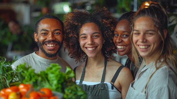 Happy, diverse friends posing together in a vibrant community kitchen setting with fresh produce, AI generated