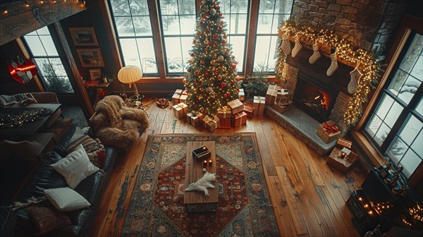 Tranquil scene with a Christmas tree and a lit fireplace in a cozy room with snow outside, AI generated