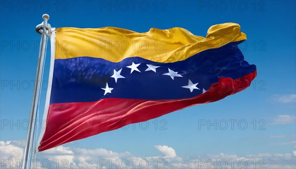 The flag of Venezuela, fluttering in the wind, isolated against a blue sky