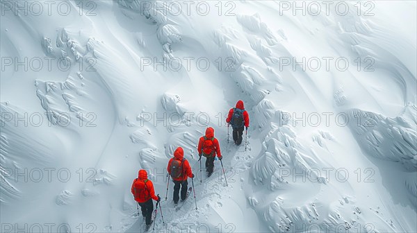 Mountaineers ascending a snowy slope in a stark white winter landscape, AI generated