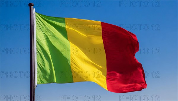 The flag of Mali, fluttering in the wind, isolated, against the blue sky