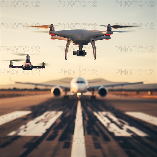 A swarm of drones flies in front of an aircraft on an illuminated runway in the evening light, drone, attack, AI generated