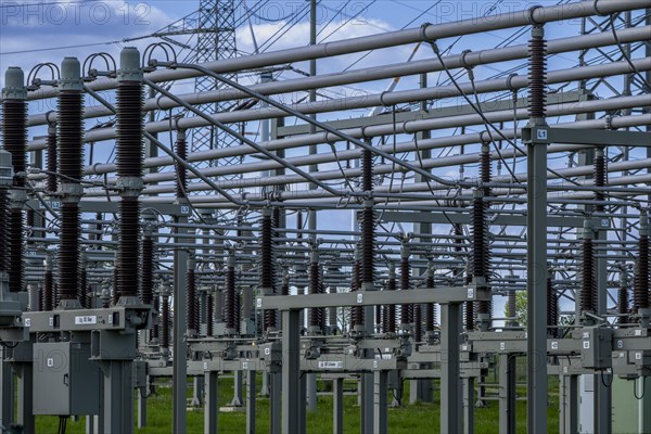 Power pylons with high-voltage lines and insulators at the Avacon substation in Helmstedt, Helmstedt, Lower Saxony, Germany, Europe