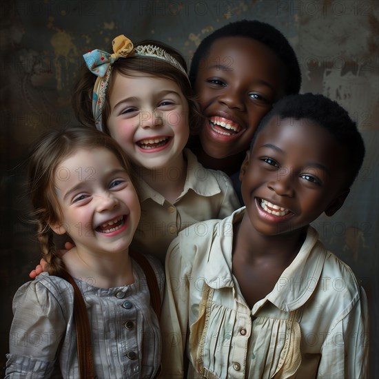 Four laughing children hugging each other lovingly in vintage clothes, group picture with laughing children of different nationalities and cultures, KI generiert, AI generated