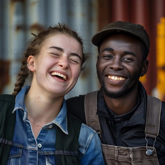 Two smiling young people show their teeth and convey a feeling of simple natural joy, group picture with people in work clothes of different nationalities and cultures, KI generated, AI generated
