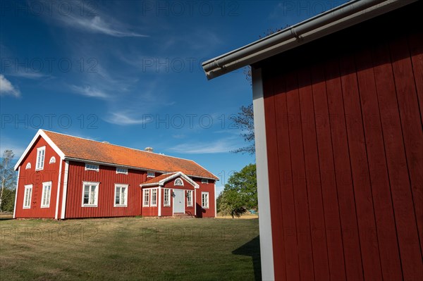 Falun red or Swedish red painted houses, farm, Geta, Aland, or Aland Islands, Gulf of Bothnia, Baltic Sea, Finland, Europe