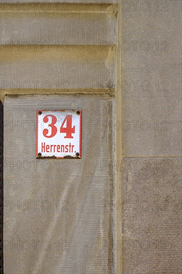 Herrenstrasse 34, historic house number sign in the old town centre of Wangen im Allgaeu, Baden-Wuerttemberg, Germany, Europe