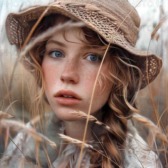 A young woman in a straw hat looks through a field of grasses, the atmosphere is gentle and thoughtful, sitting in a cornfield, AI generated