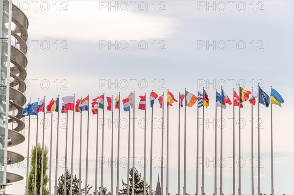 Flags of the European countries in front of the European Parliament in Strasbourg. Bas rhin, Alsace, Grand Est, France, Europe