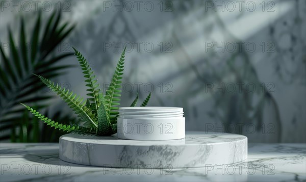 Aloe vera gel product promotion featuring a blank jar mockup showcased on a marble produce podium AI generated