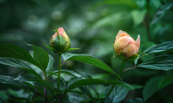 A single peony bud about to bloom against a backdrop of green foliage AI generated