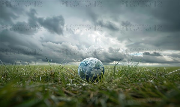 An Earth globe on a grassy meadow with a dramatic cloudy sky as the backdrop AI generated