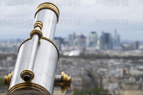 Telescope, view from the Eiffel Tower to the skyscrapers of La Defence, Paris, France, Europe