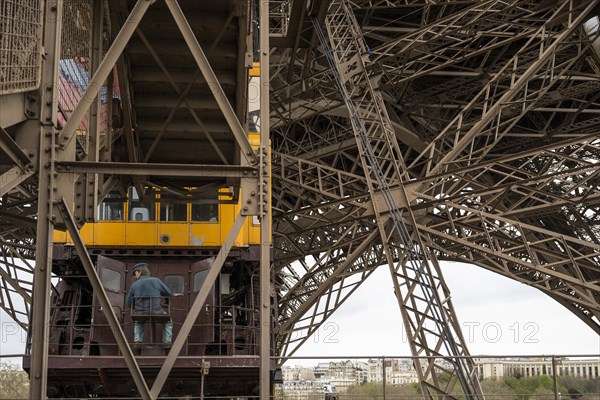 Historic lift, Eiffel Tower, close-up, Paris, Ile-de-France, France, Europe