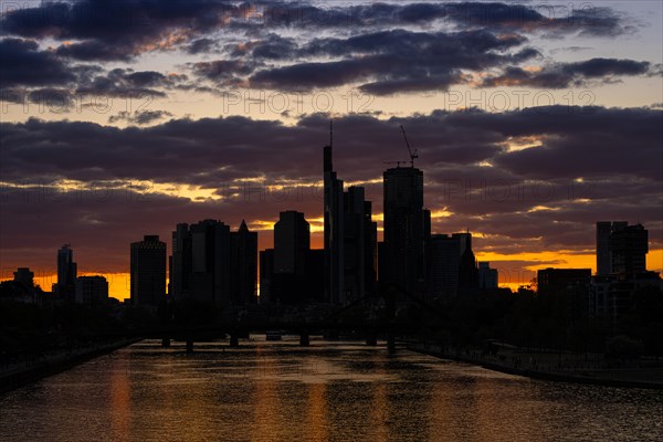 Clouds pass over the Frankfurt bank skyline in the evening after sunset, Frankfurt am Main, Hesse, Germany, Europe