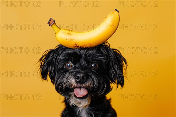 Funny dog with banana fruit on head in front of yellow studio background. KI generiert, generiert, AI generated