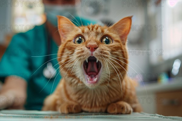 Scared cat on examination table in vet clinic. KI generiert, generiert, AI generated