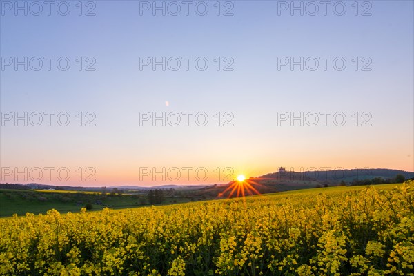 Landscape at sunrise. Beautiful morning landscape with fresh yellow rape fields in spring. Small castle in the yellow fields on a hill. Historic Ronneburg Castle in the middle of nature, Ronneburg, Hesse, Germany, Europe