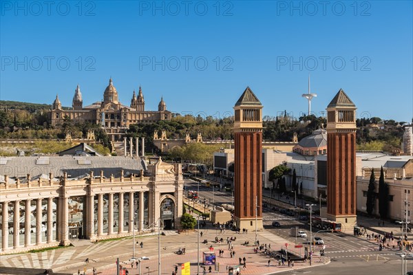 The Venetian Towers, Torres Venecianes or Venetian Towers, in the background the Museu Nacional d'Art de Catalunya, Barcelona, Spain, Europe