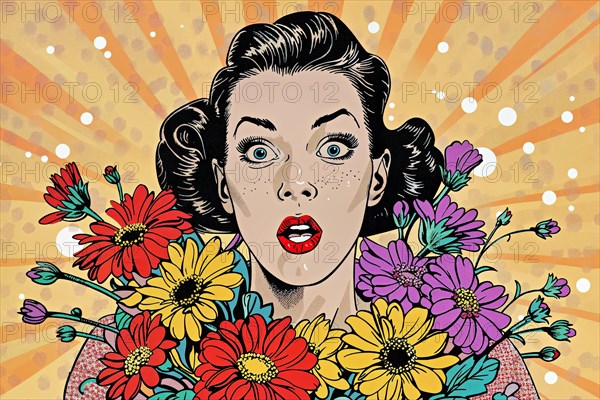 Sceptical woman in pop art style framed by flowers on orange ray background with dots, AI generated, AI generated