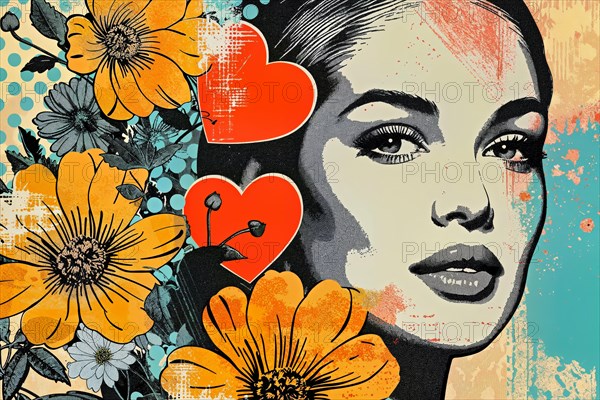 Admiring woman in pop art style with orange flowers and hearts on aquamarine background, AI generated, AI generated