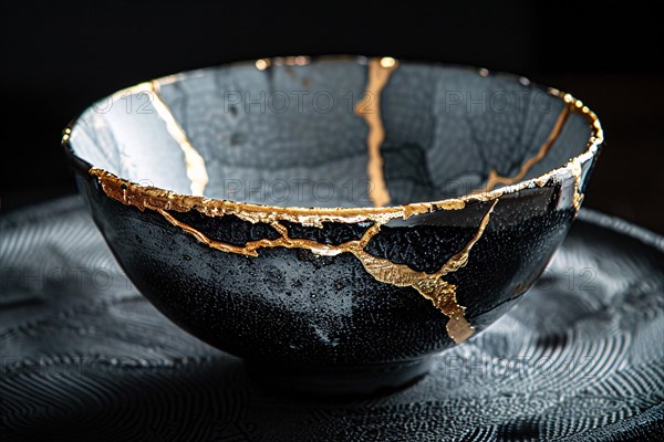 Japanese Kintsugi bowl with ceramic repair technique that uses lacquer mixed with powdered gold. KI generiert, generiert, AI generated