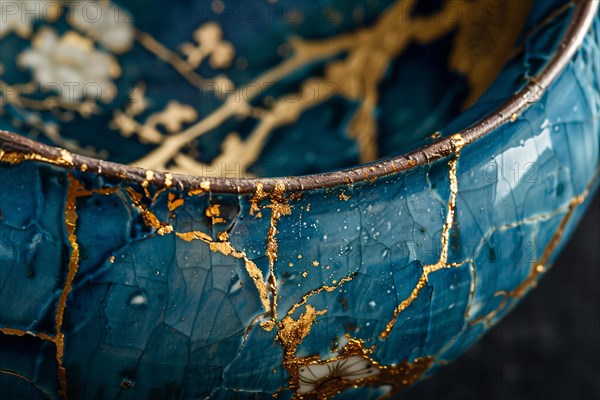 Japanese Kintsugi bowl with ceramic repair technique that uses lacquer mixed with powdered gold. KI generiert, generiert, AI generated