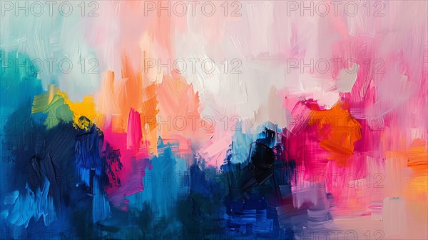 Colorful abstract painting with dynamic strokes of pink, blue, and orange on a canvas, ai generated, AI generated