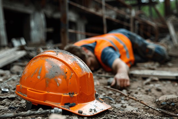 Orange safety helmet with injured construction worker lying on ground after accident at construction site in background. KI generiert, generiert, AI generated