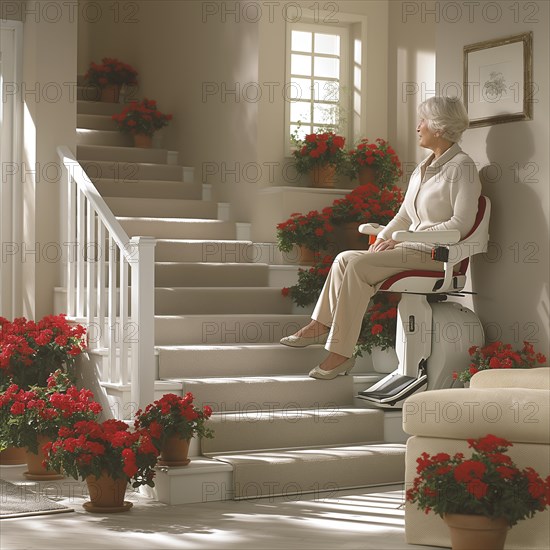 A pensioner rides a stair lift up a flight of stairs, AI generated