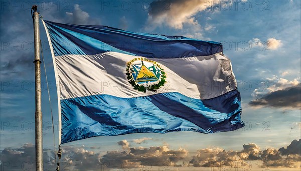 The flag of El Salvador flutters in the wind, isolated against a blue sky