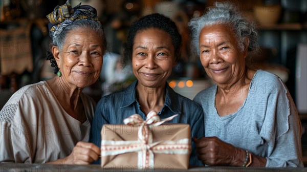 Three elderly women smiling together, holding a gift with a warm emotional bond, AI generated